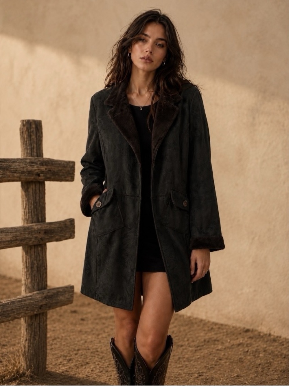 Montanaco Faux Suede Faux Fur Lined Coat Jacket Brown Western Ranch Medium